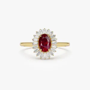 14k Baguette Diamond Ballerina Oval Ruby Ring