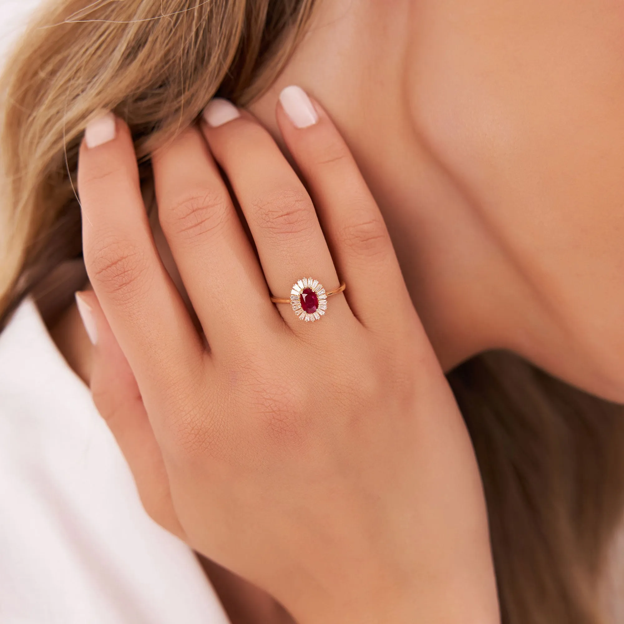 14k Baguette Diamond Ballerina Oval Ruby Ring