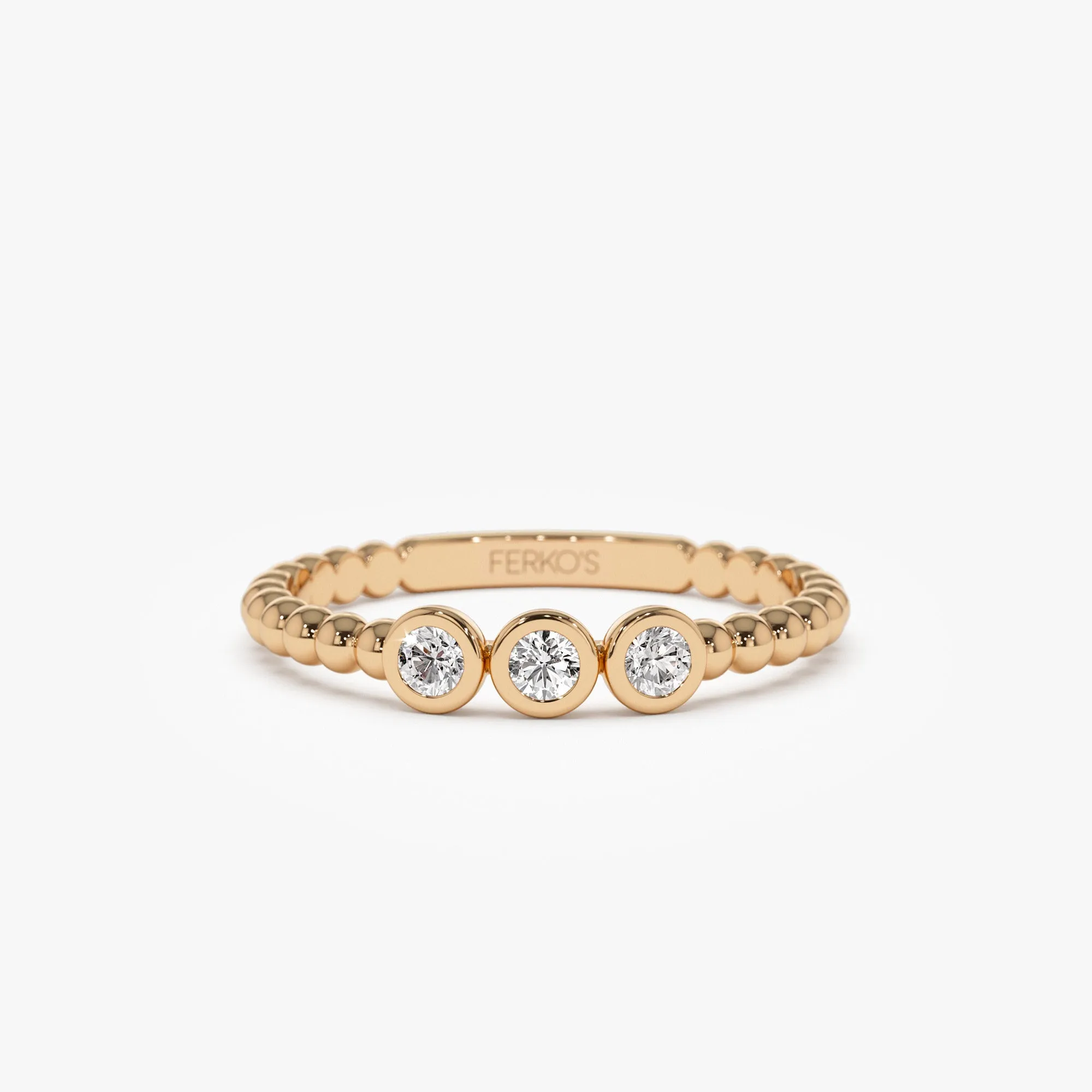 14k Beaded Three Stone Diamond Ring