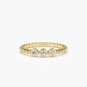 14k Beaded Three Stone Diamond Ring