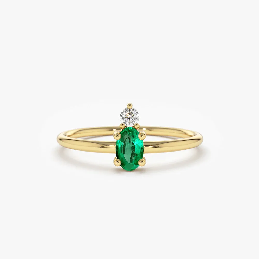 14K Gold Oval Emerald and Diamond Ring