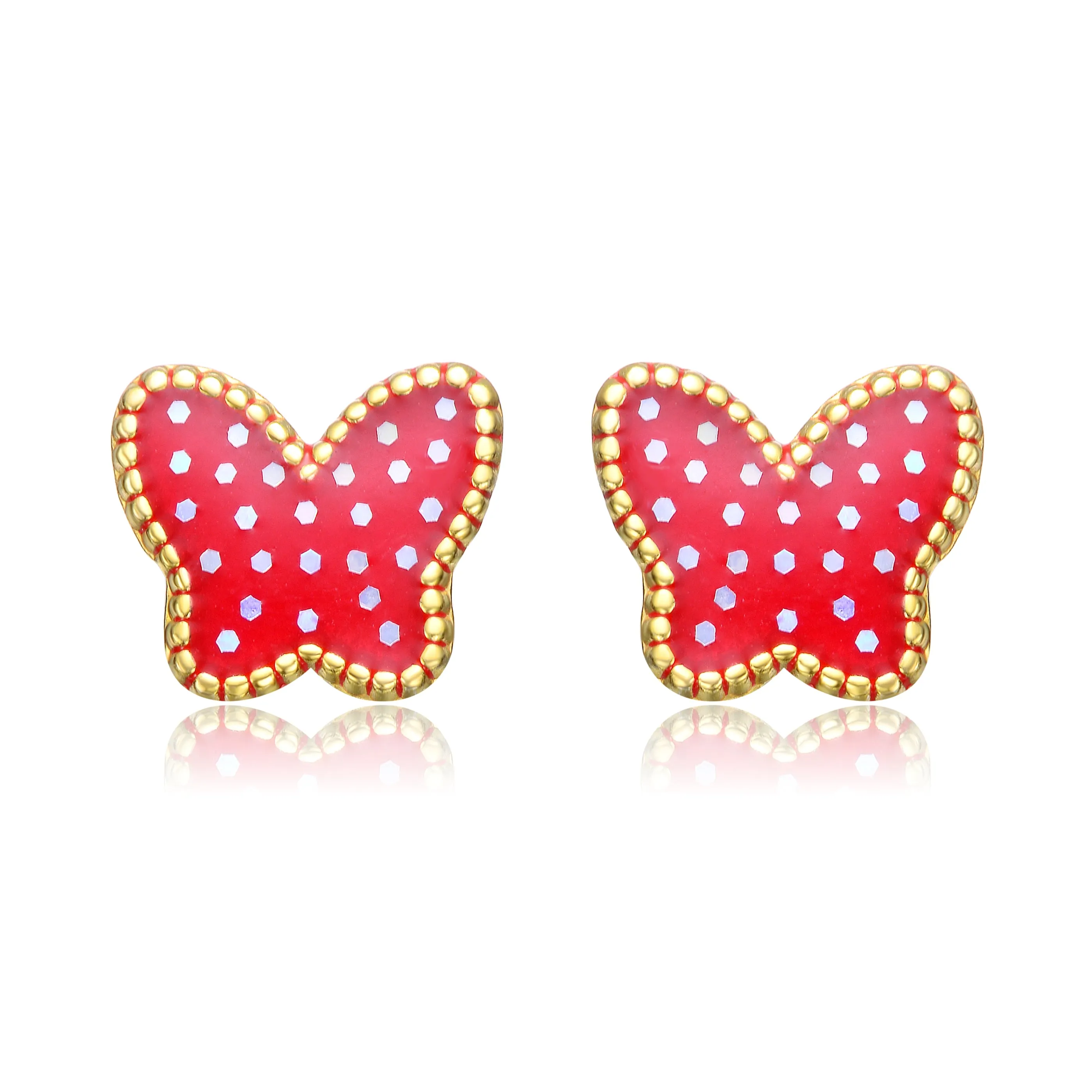 14k Gold Plated Red Enamel Starry Sky Butterfly Stud Earrings