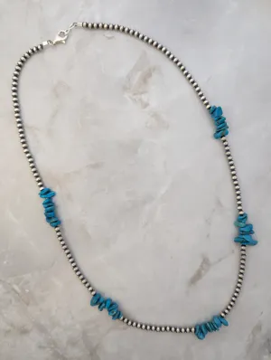 4mm Navajo Pearls & Turquoise Chip Necklace Sterling Silver