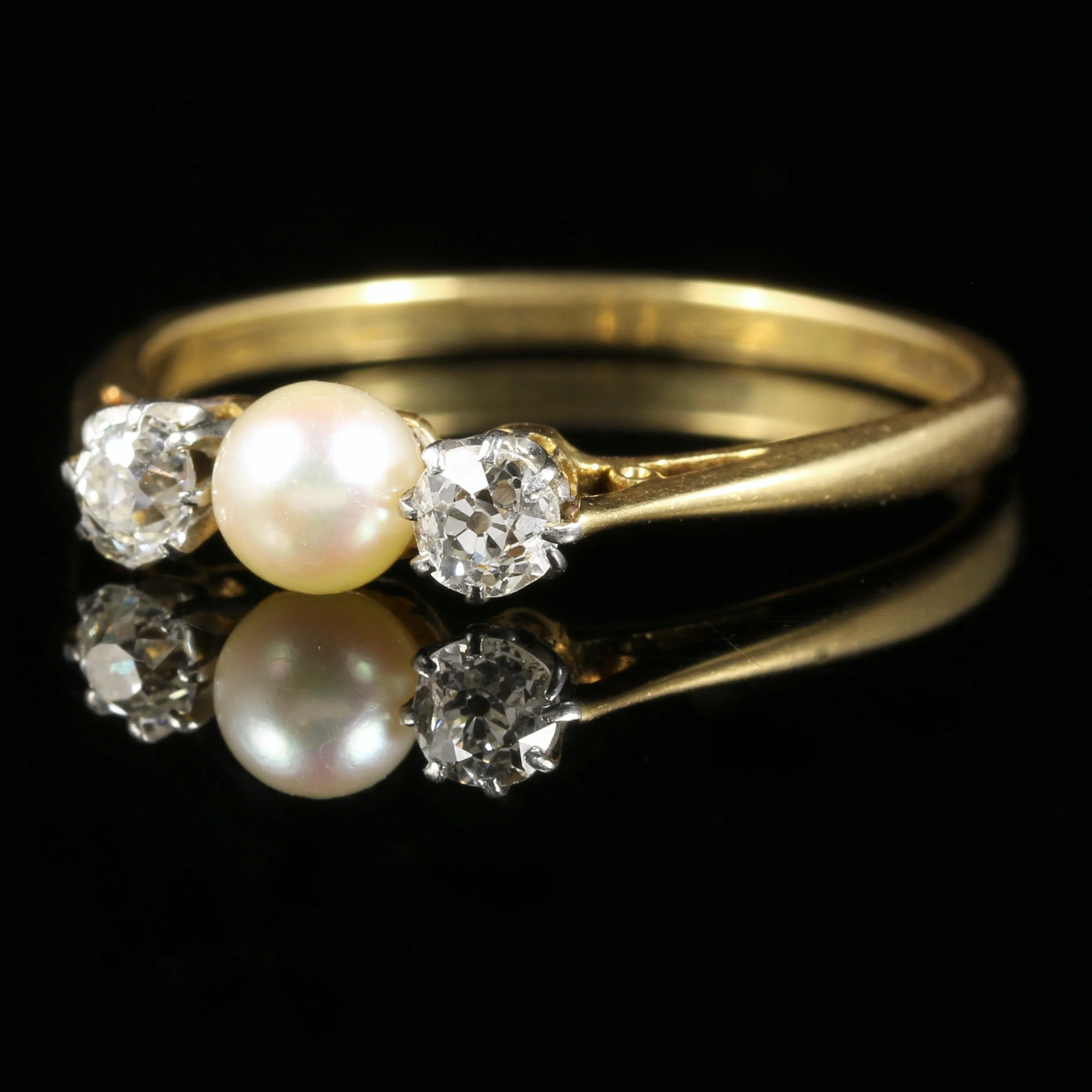 Antique Edwardian Diamond Pearl Trilogy Ring Circa 1915 18Ct Gold Plat