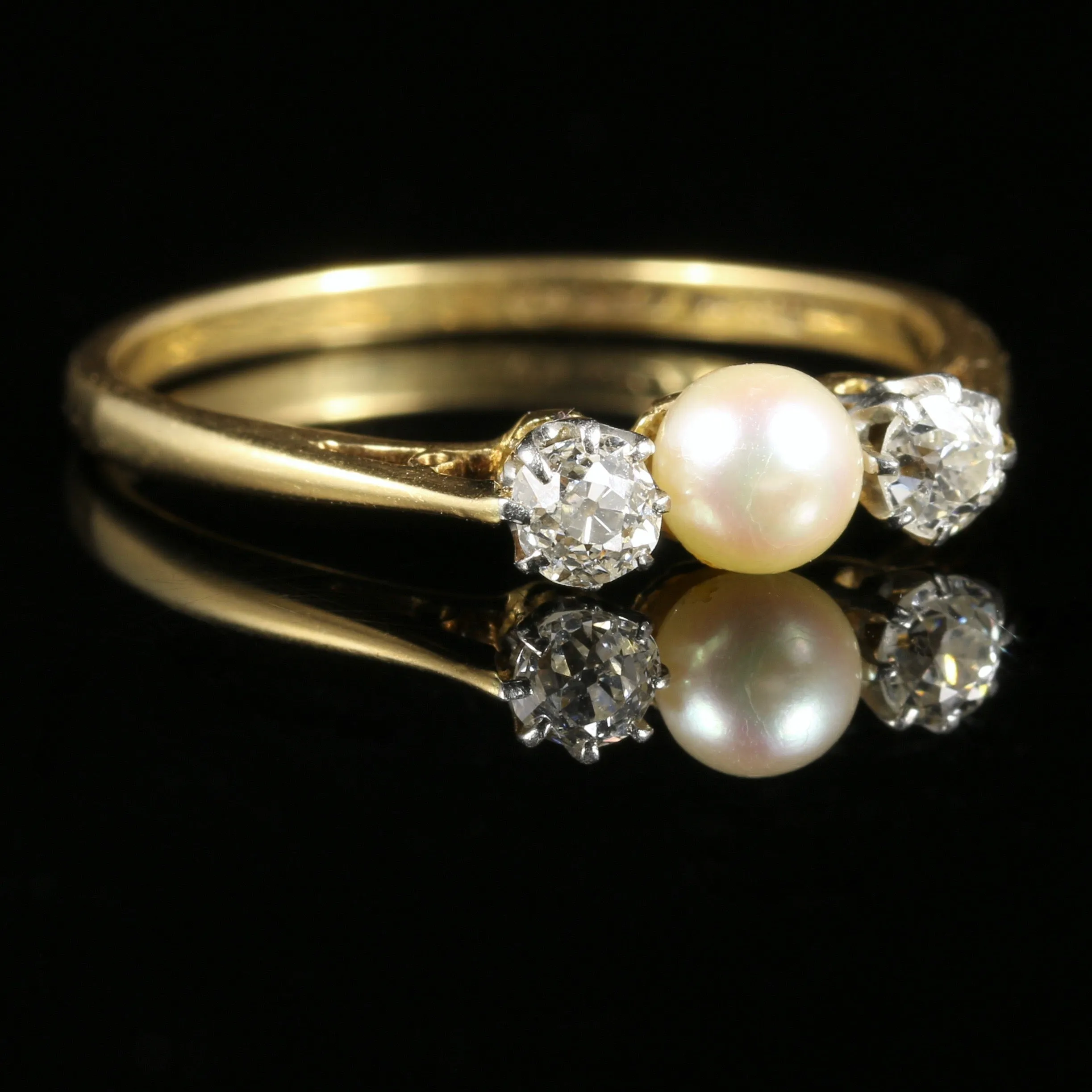 Antique Edwardian Diamond Pearl Trilogy Ring Circa 1915 18Ct Gold Plat