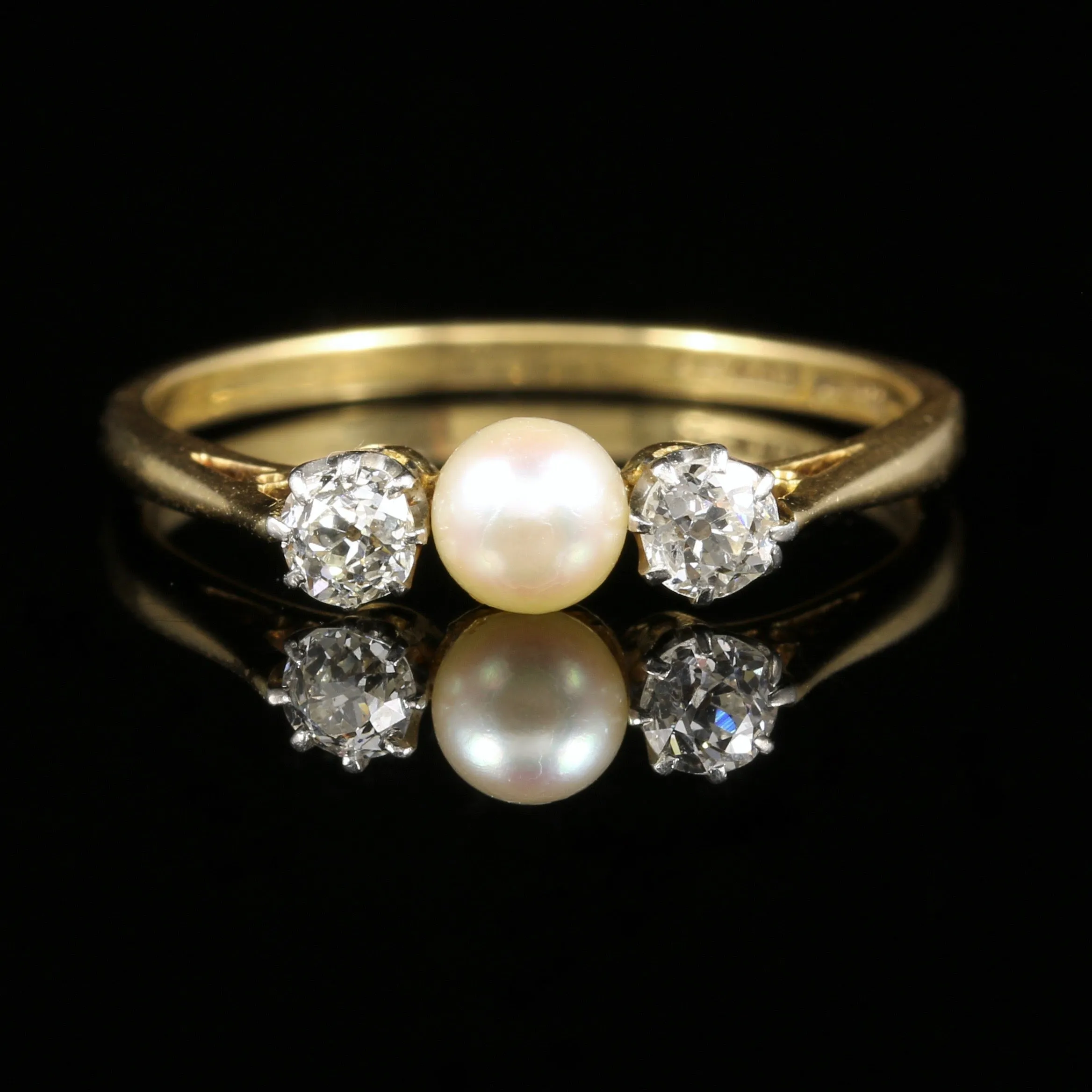 Antique Edwardian Diamond Pearl Trilogy Ring Circa 1915 18Ct Gold Plat