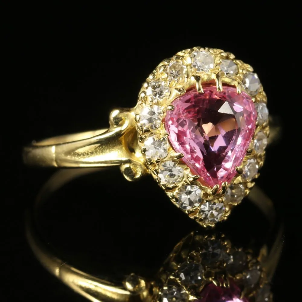 Antique Victorian Pink Sapphire Diamond Cluster Ring 18Ct Gold