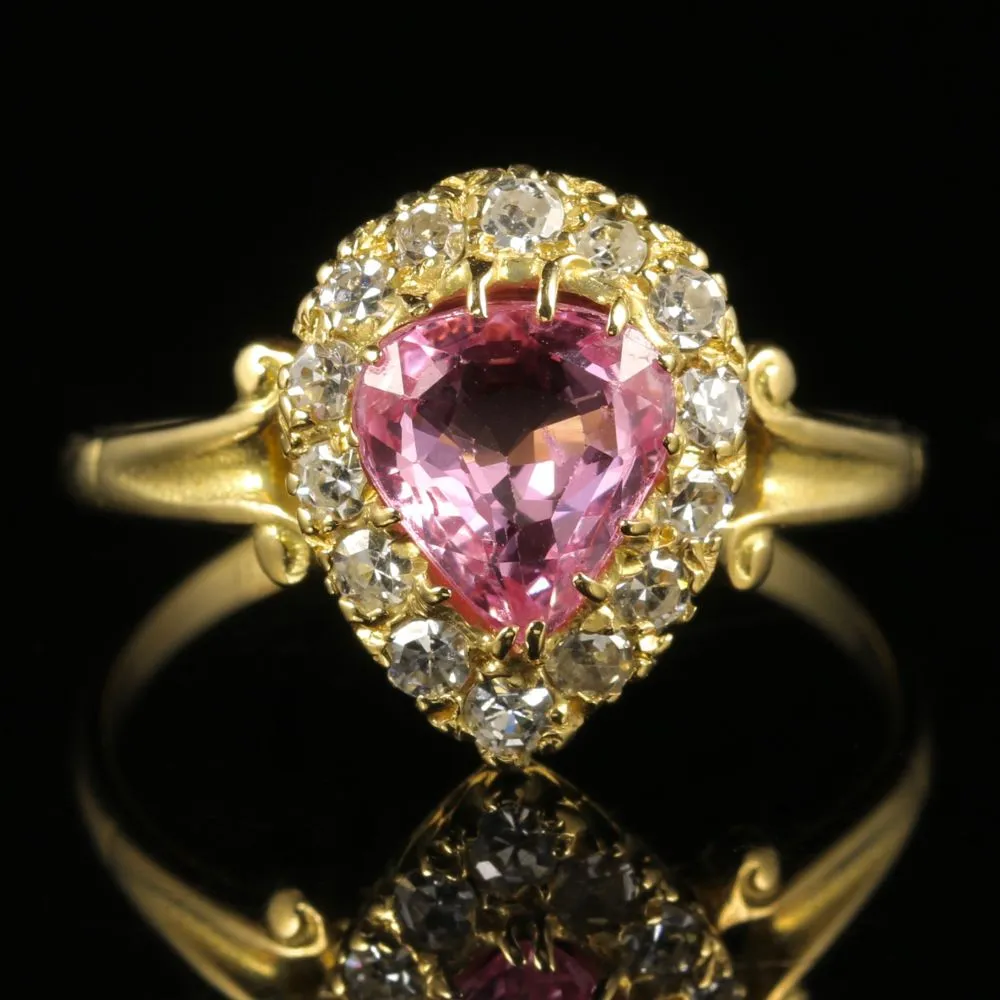 Antique Victorian Pink Sapphire Diamond Cluster Ring 18Ct Gold