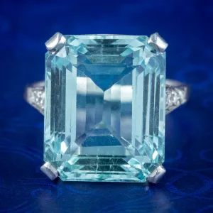 Art Deco Large Aquamarine Diamond Cocktail Ring 18ct White Gold Circa 1930