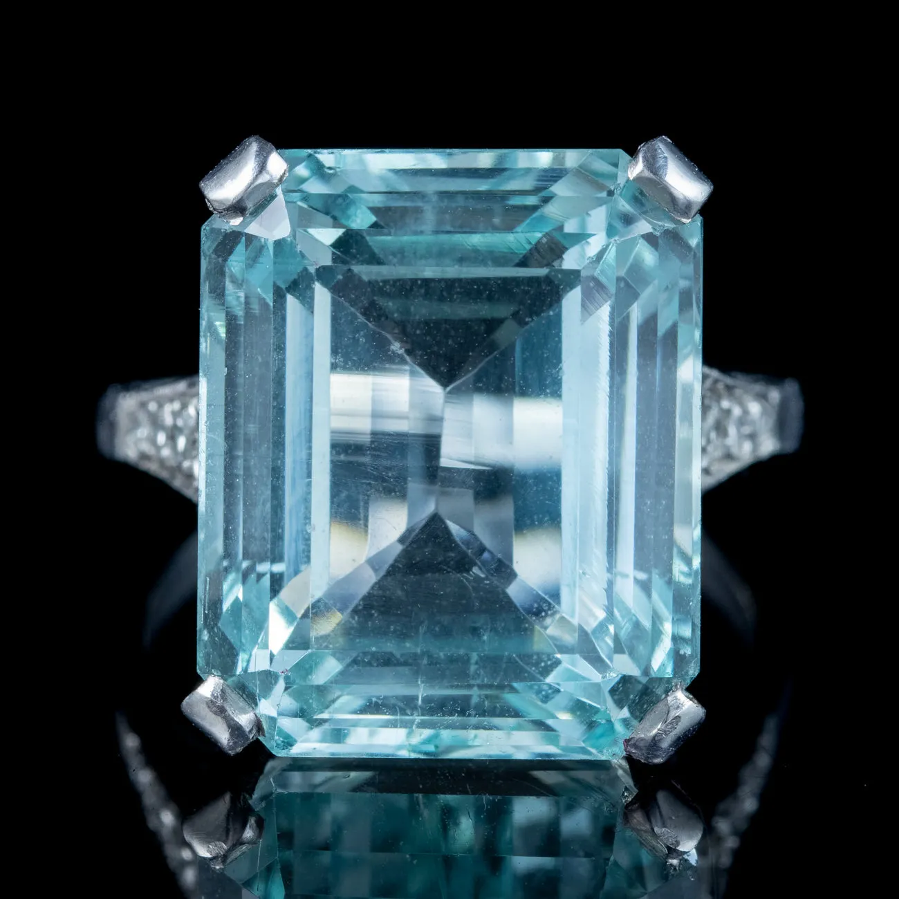 Art Deco Large Aquamarine Diamond Cocktail Ring 18ct White Gold Circa 1930