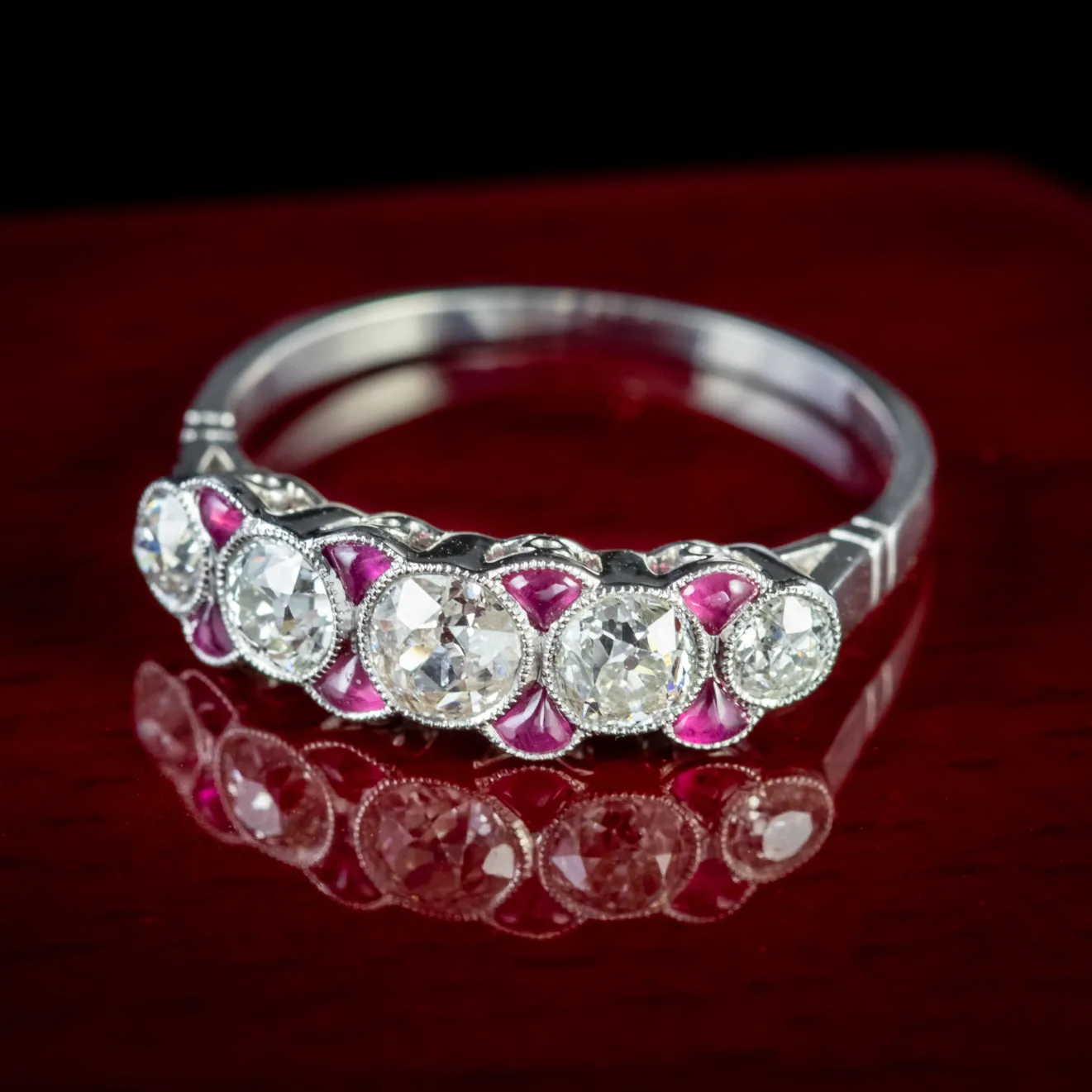 Art Deco Style Ruby Diamond Ring 18Ct White Gold Eternity Ring 0.85Ct Old Cut Diamond