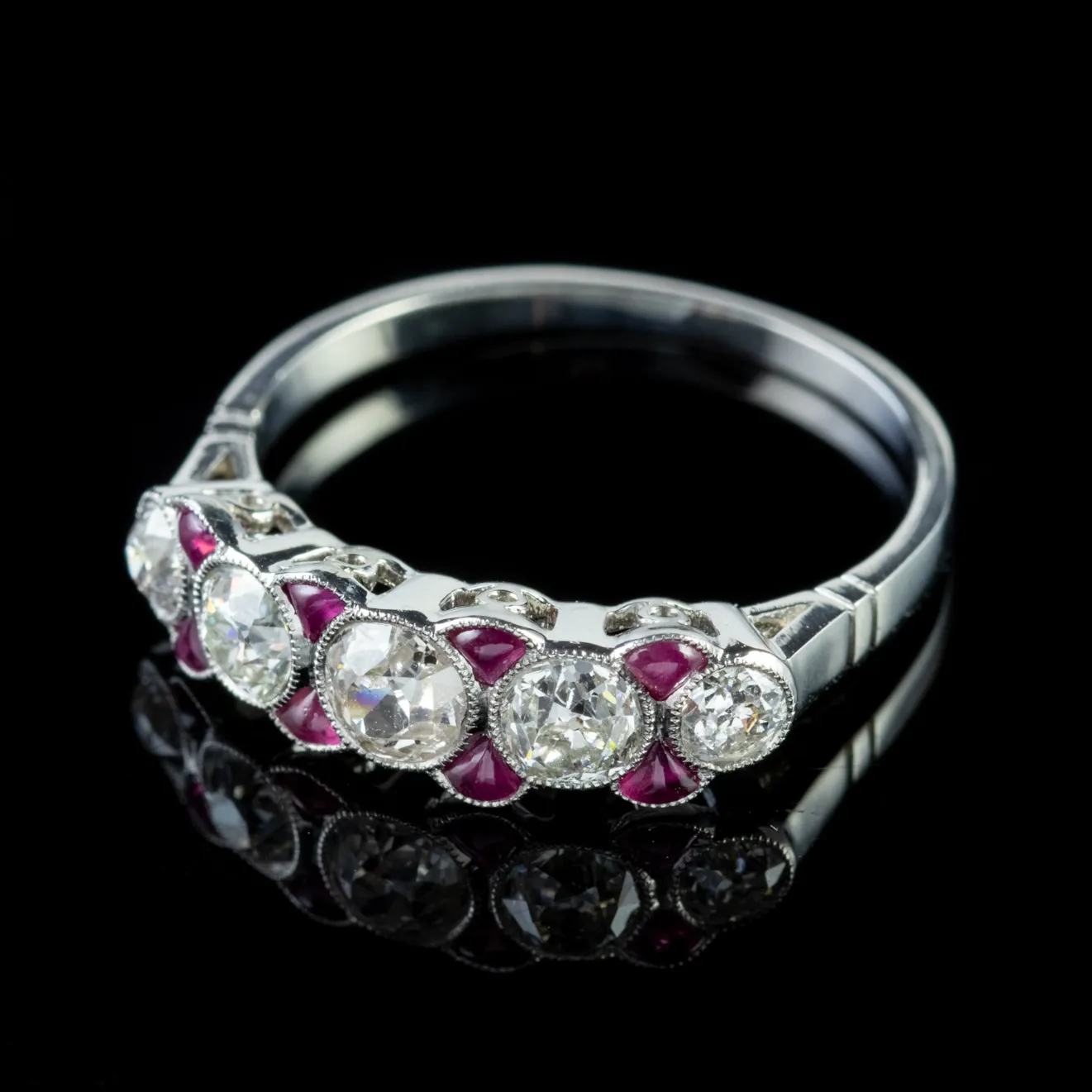 Art Deco Style Ruby Diamond Ring 18Ct White Gold Eternity Ring 0.85Ct Old Cut Diamond