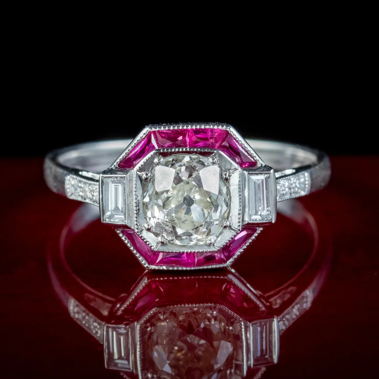 Art Deco Style Ruby Diamond Target Cluster Ring 1.20ct Of Diamond