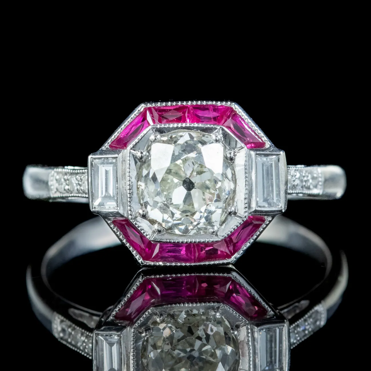 Art Deco Style Ruby Diamond Target Cluster Ring 1.20ct Of Diamond