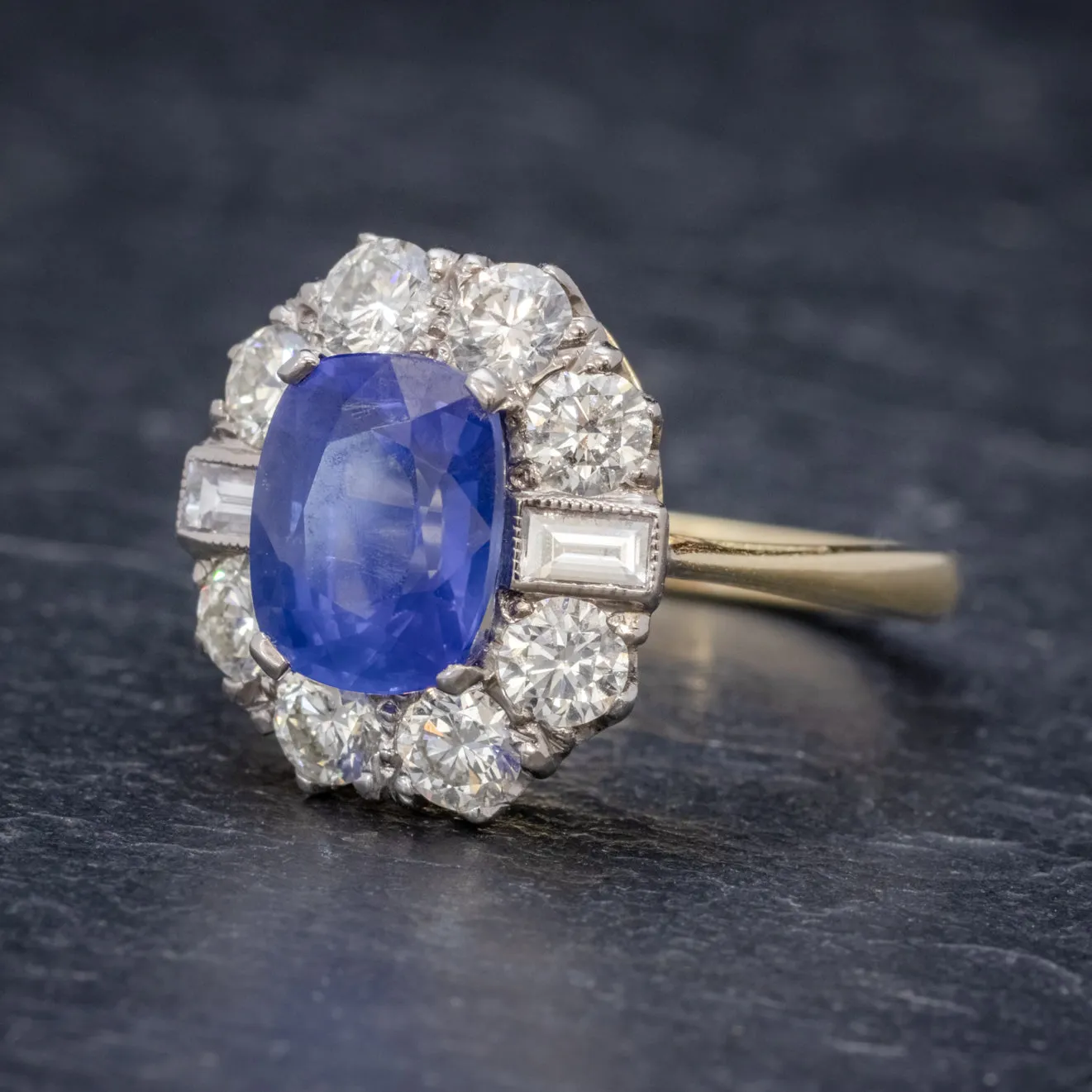 Art Deco Style Sapphire Diamond Cluster Ring 18Ct Gold 2.80Ct Sapphire