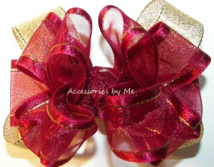 Burgundy Gold Organza Metallic Hair Bow