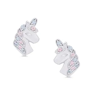 CZ Unicorn Stud Earrings in Sterling Silver (Pink/Blue)