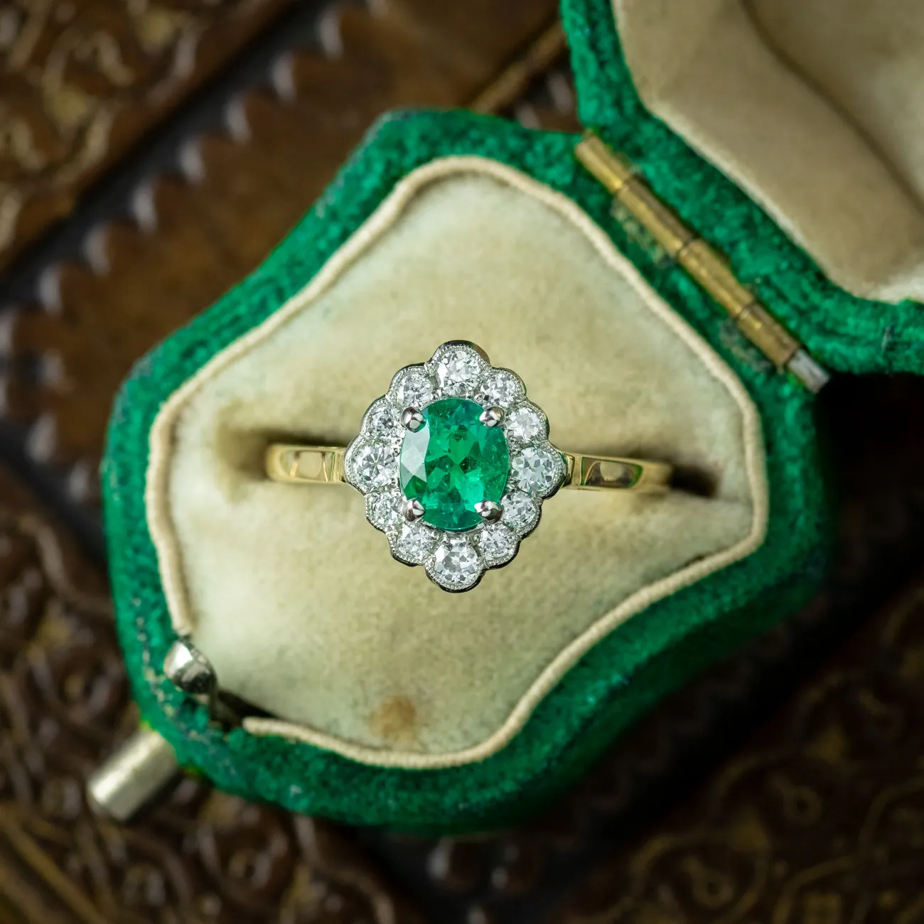 Edwardian Style Emerald Diamond Cluster Ring 0.60ct Emerald