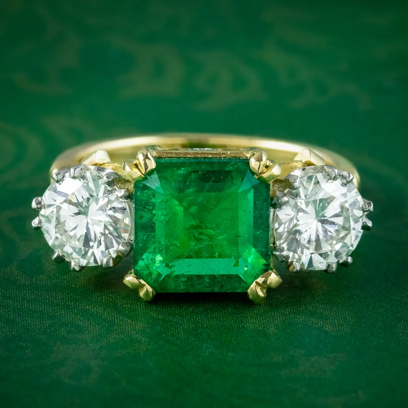 Edwardian Style Emerald Diamond Trilogy Ring 3.39ct Emerald 1.95ct Diamond With Cert