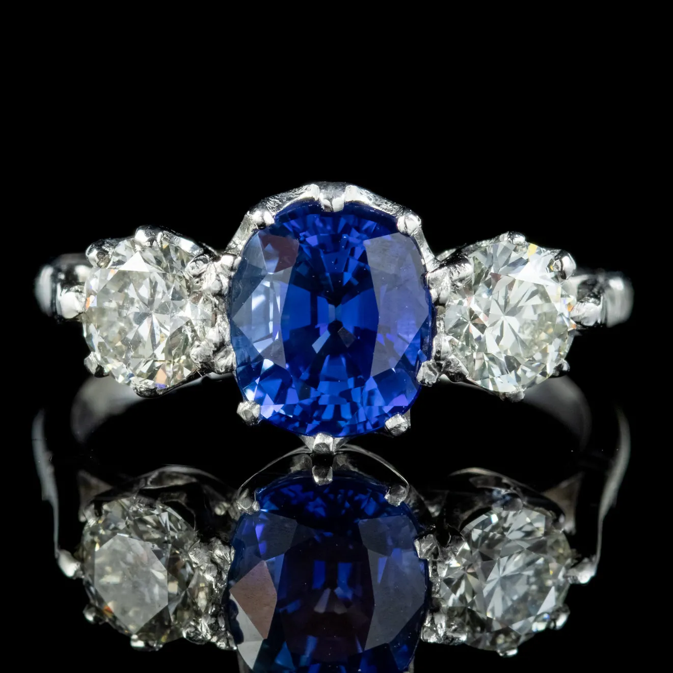 Edwardian Style Sapphire Diamond Trilogy Ring 1.75ct Sapphire