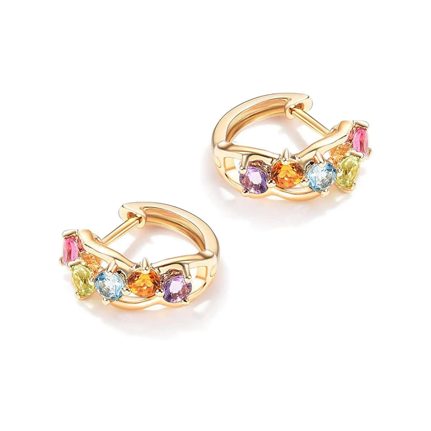 FANCIME Multicolored Gemstone 14K Yellow Gold Hoop Earrings