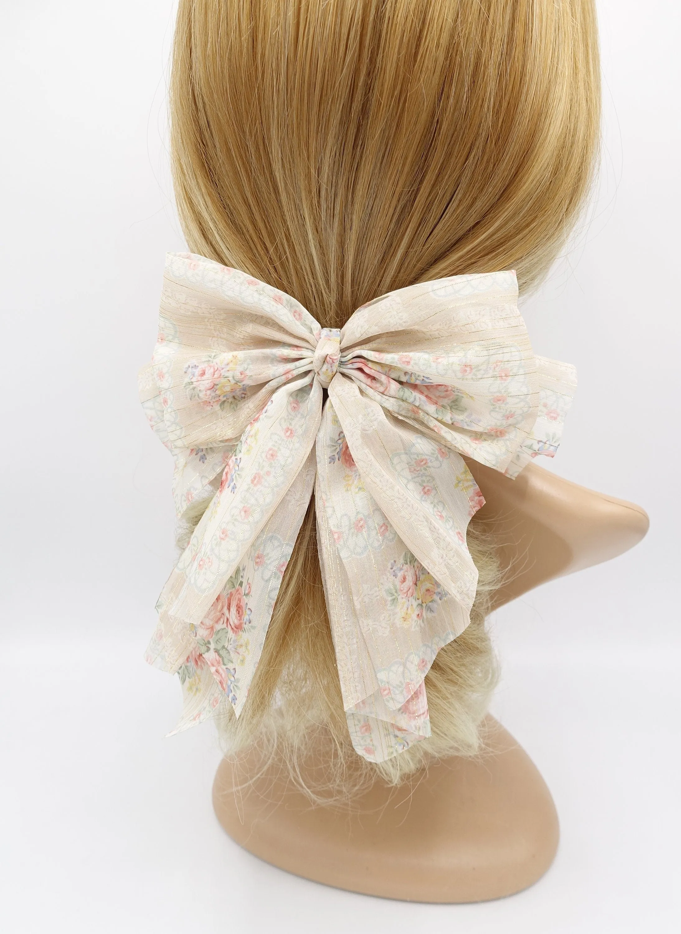 floral hair bow, golden glitter hair bow, chiffon hair bows for women