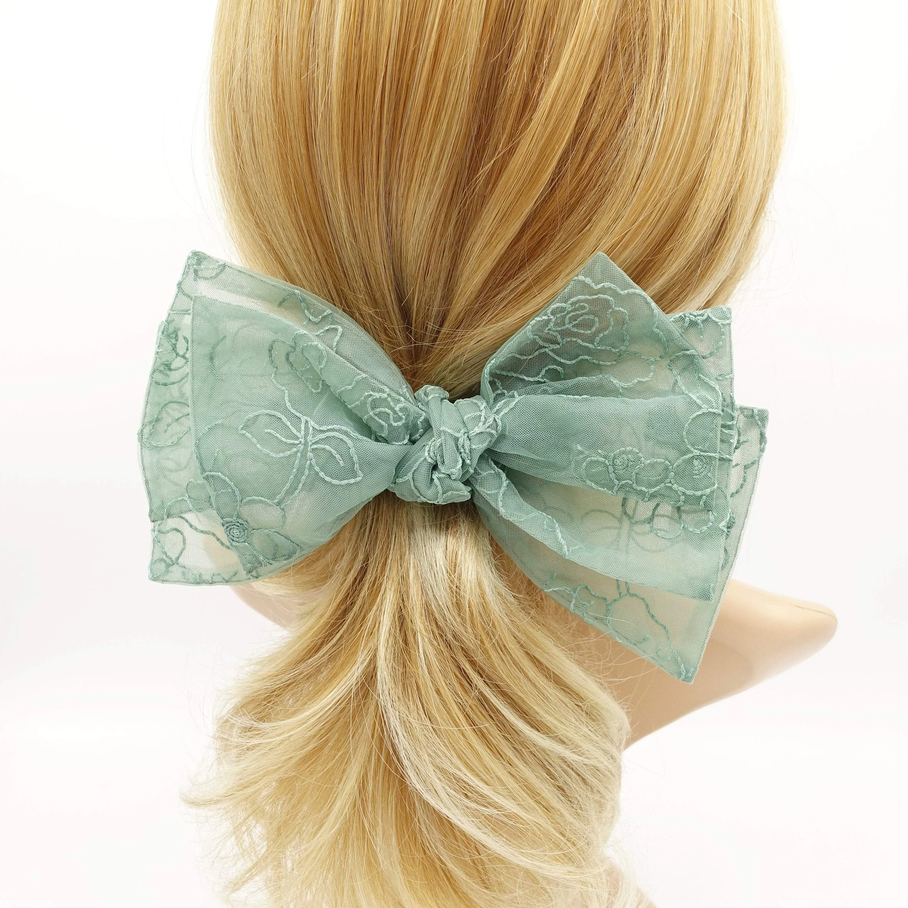 flower embroidered organza layered hair bow