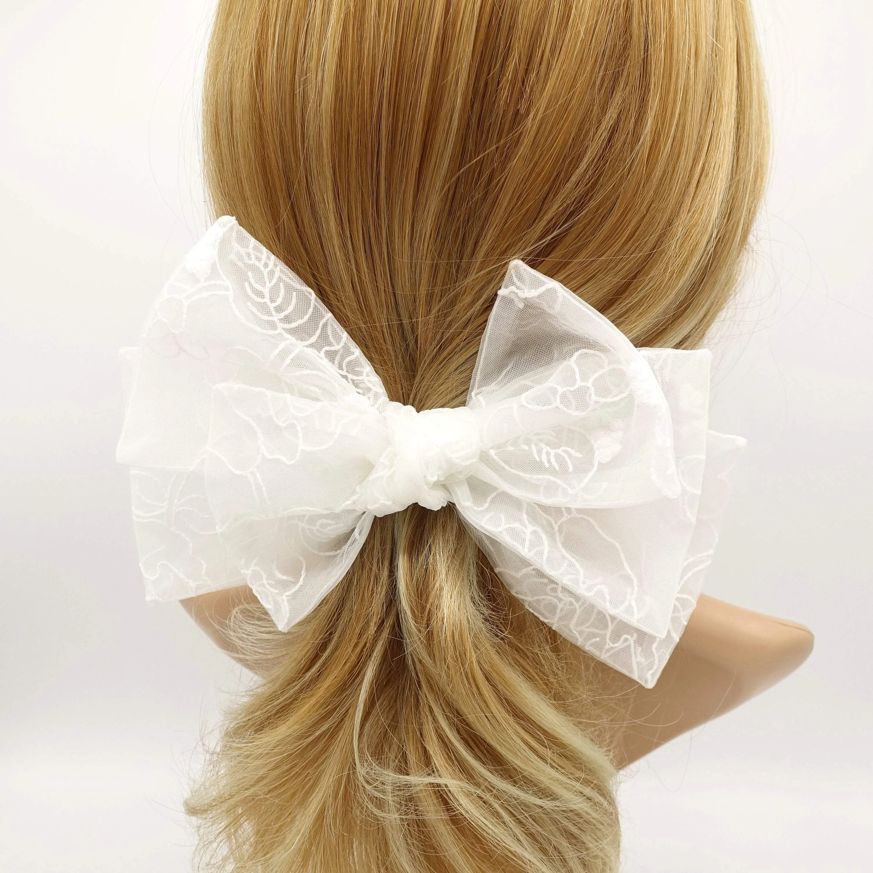 flower embroidered organza layered hair bow