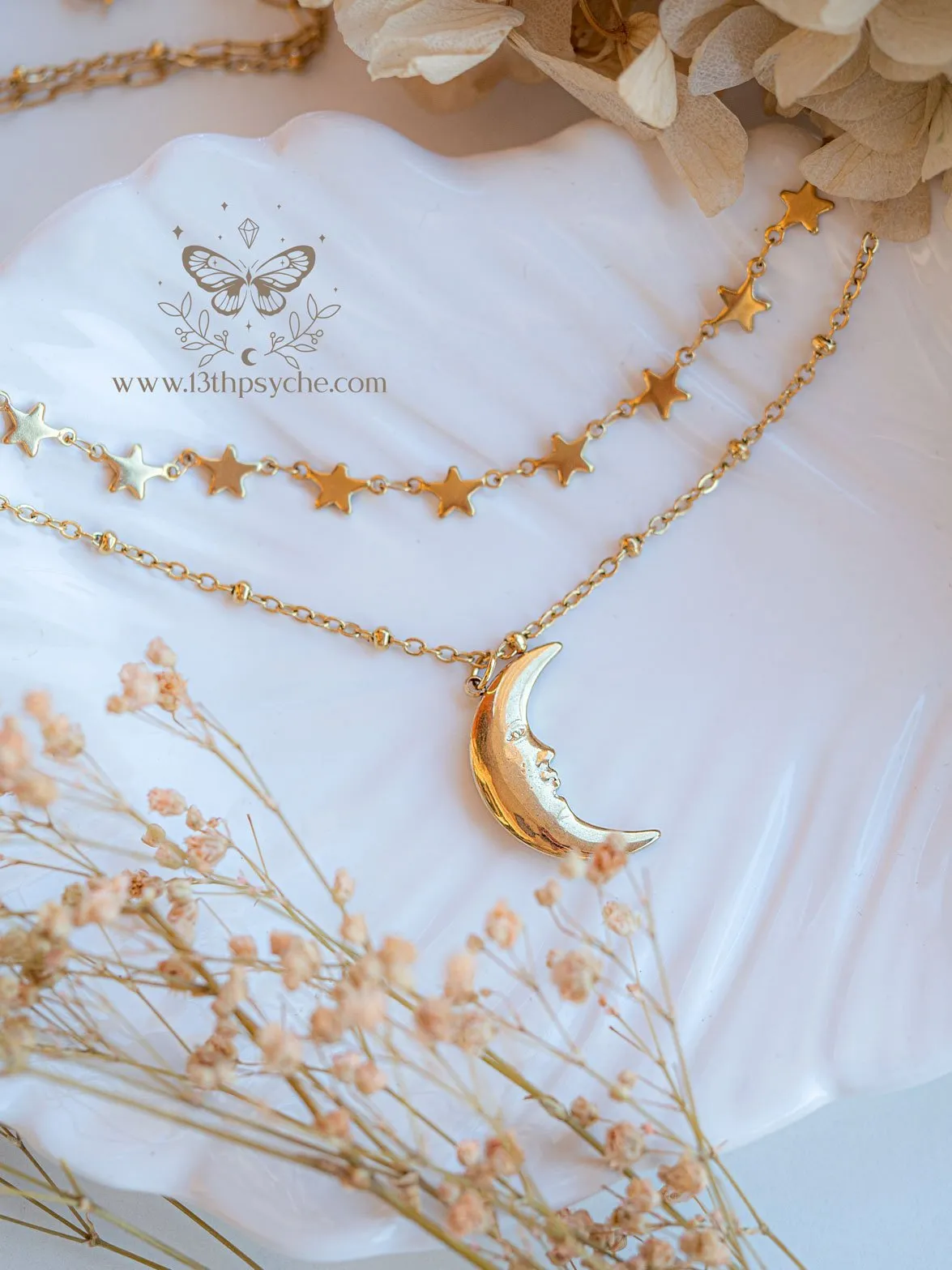 Gold stars choker and moon pendant 2 necklace set