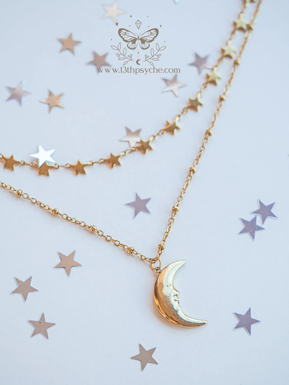 Gold stars choker and moon pendant 2 necklace set