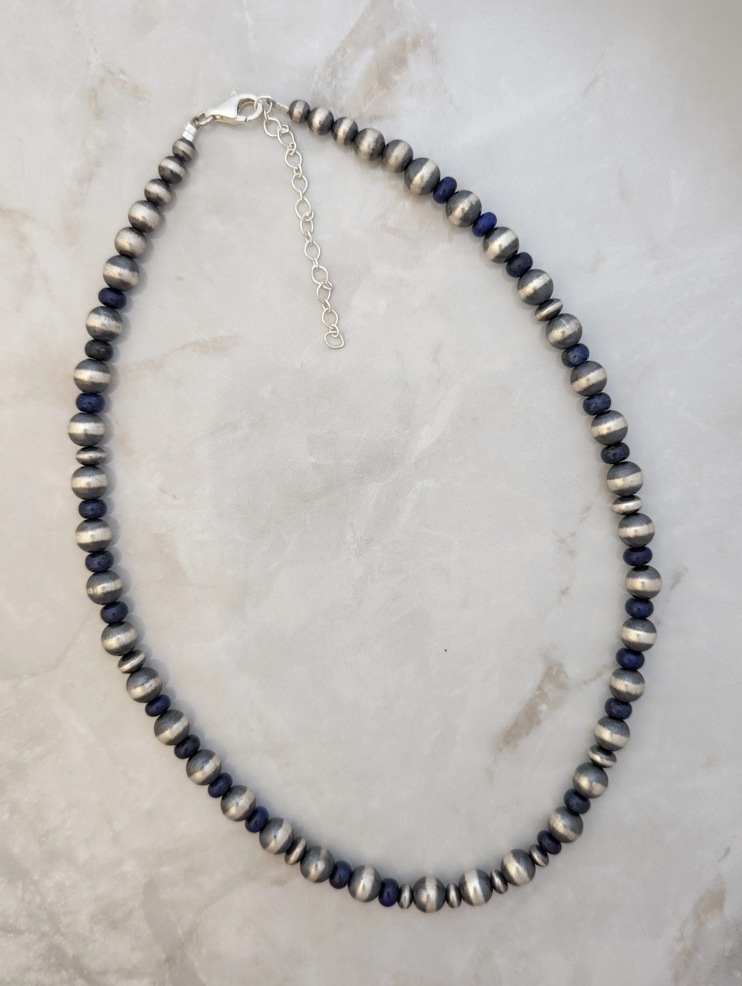 Navajo Pearls & Lapis 8mm Round & Rondelle Necklace Sterling Silver