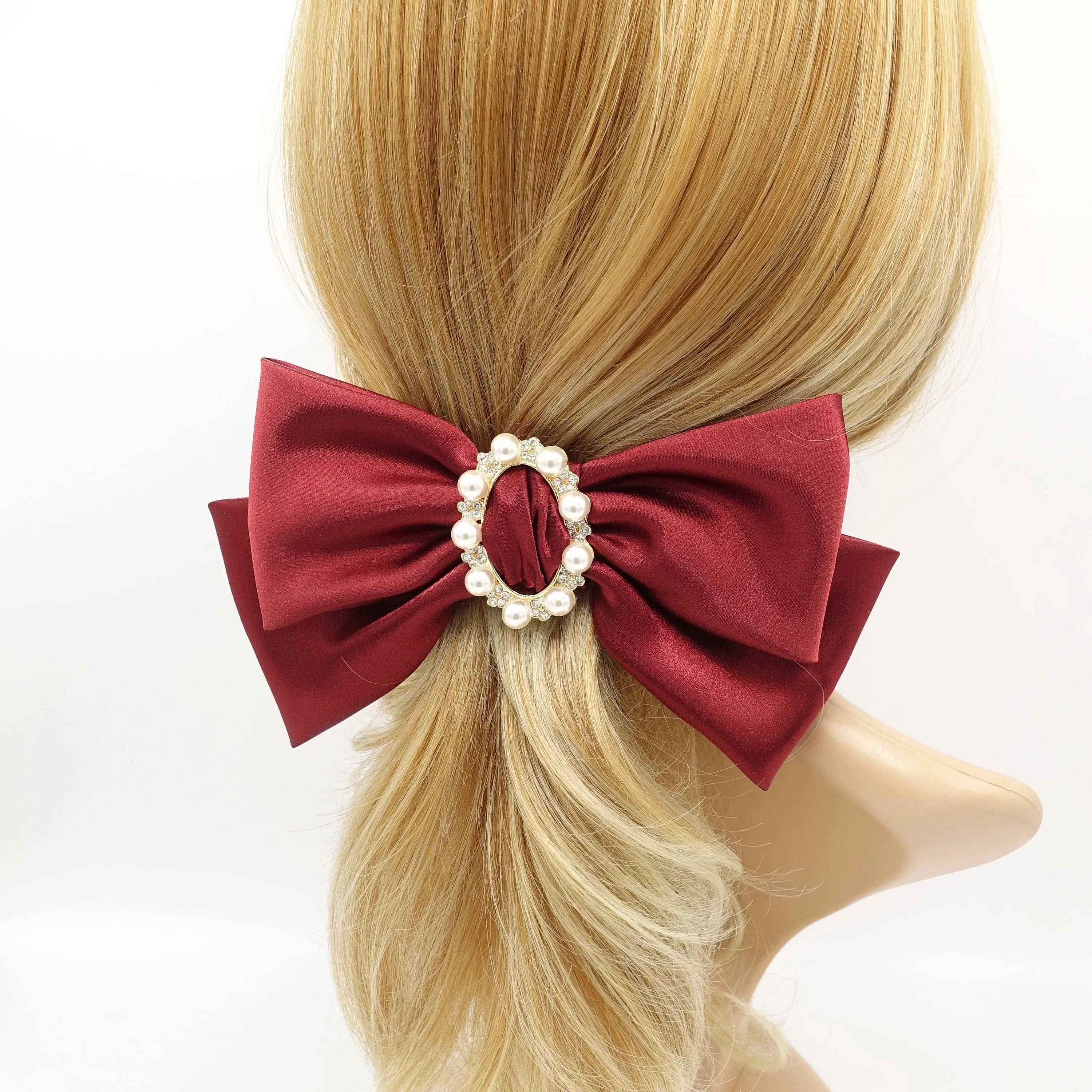 pearl rhinestone buckle embellished satin hair bow