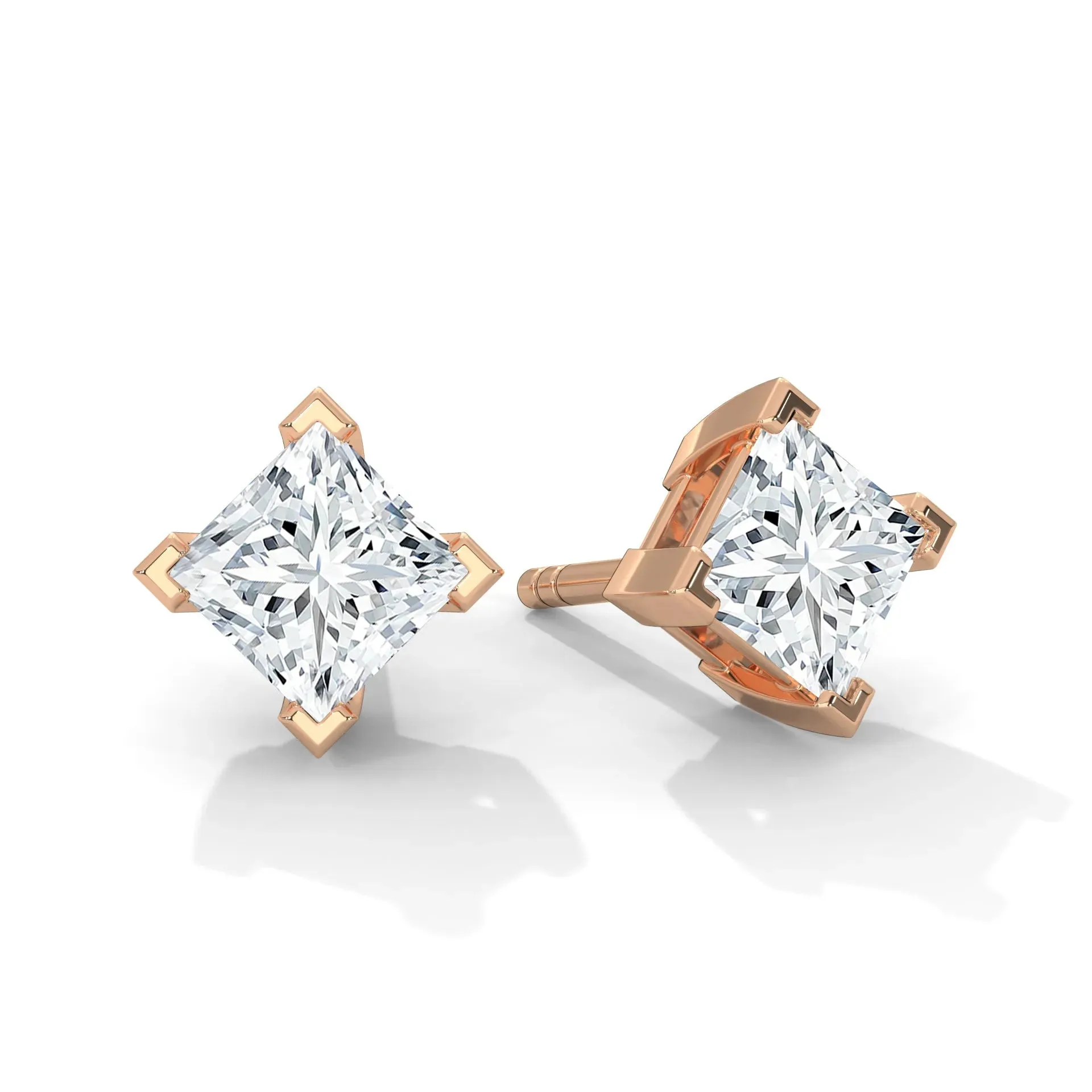 Princess Lab Grown Diamond Earrings | Push Back Studs| 14k Gold