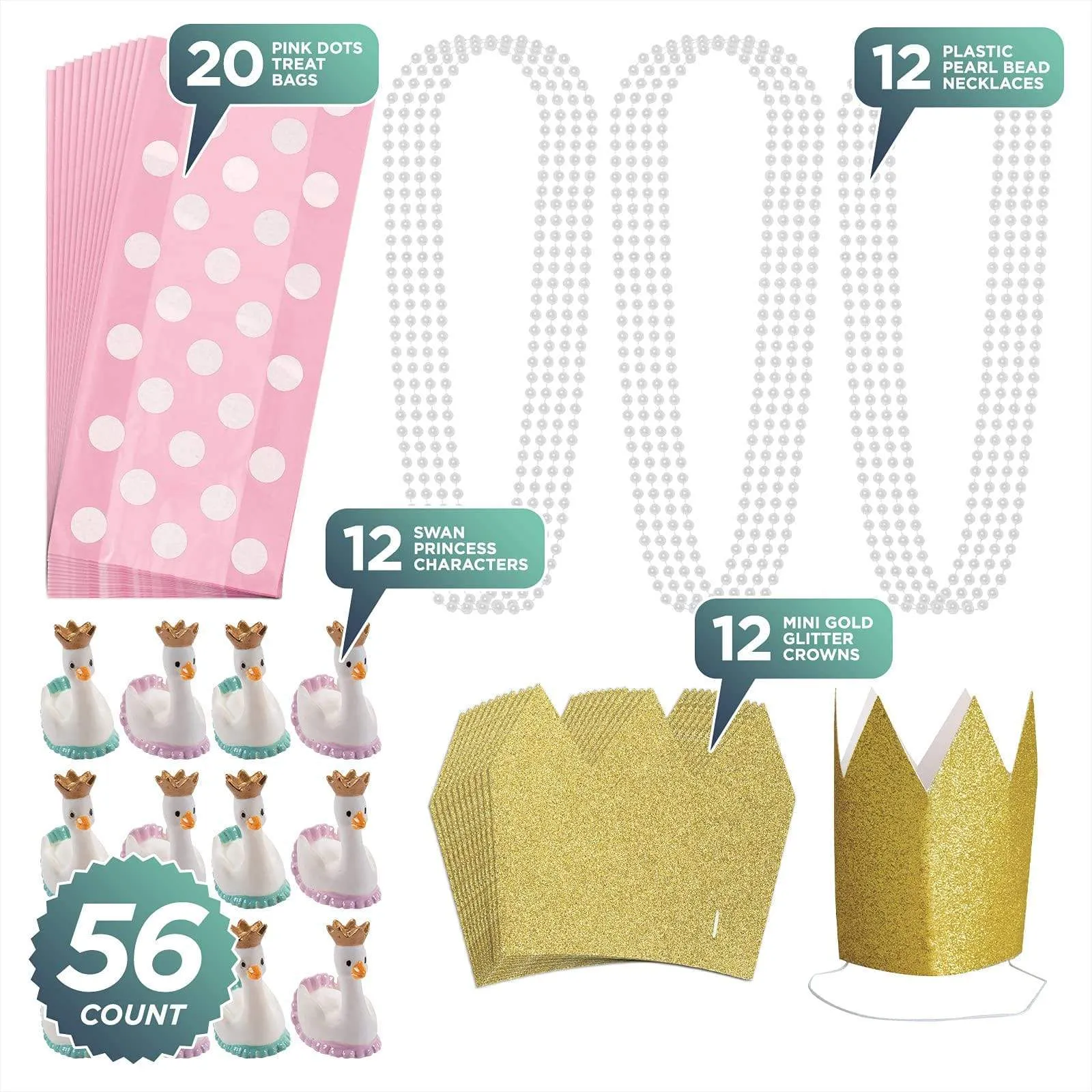 Princess Party Favors - Goody Bags, Swan Princess Characters, Bead Necklaces, and Mini Gold Glitter Crowns for 12 Guests