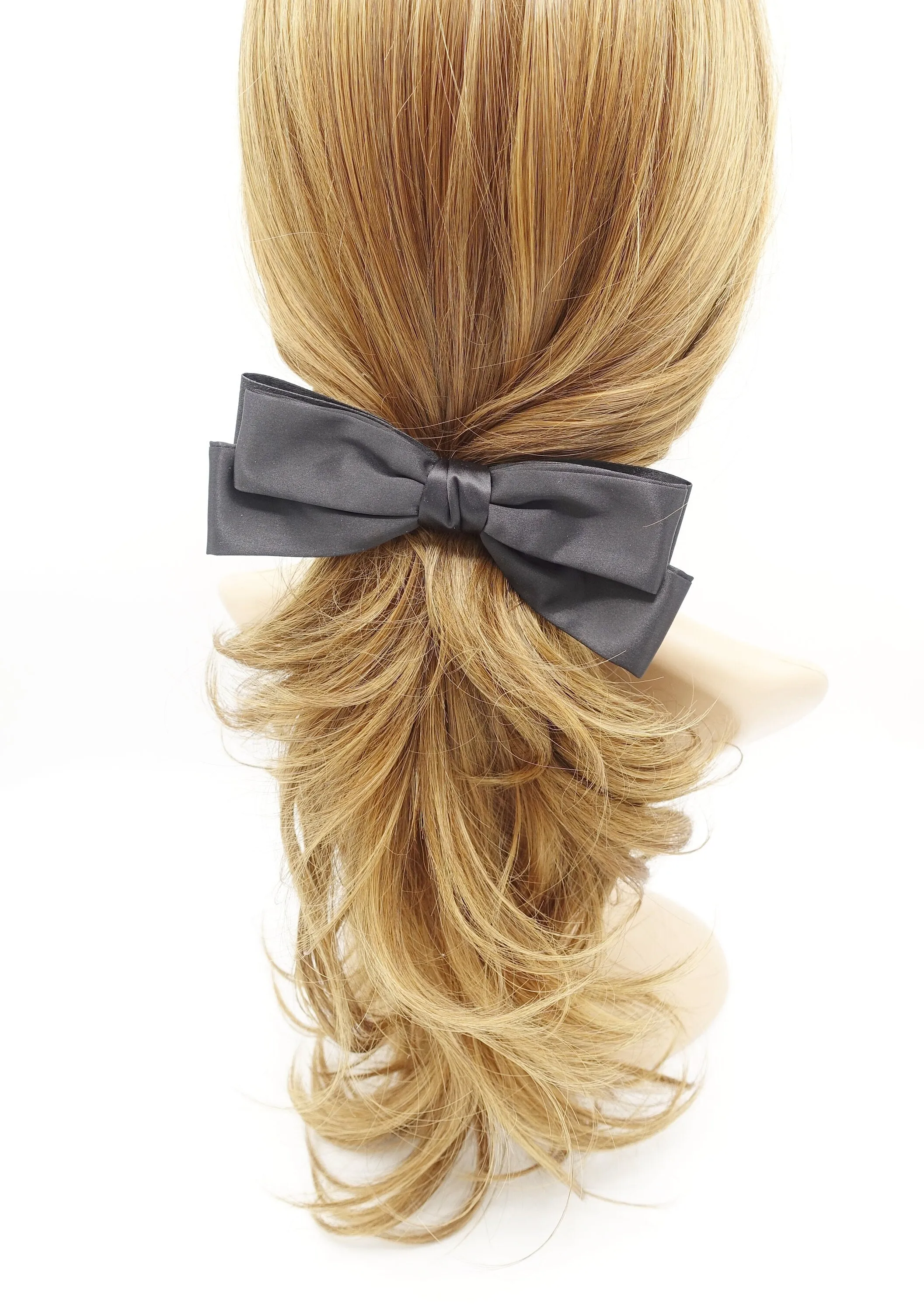 satin double layered hair bow  triple wing narrow glossy style hair accessory for women