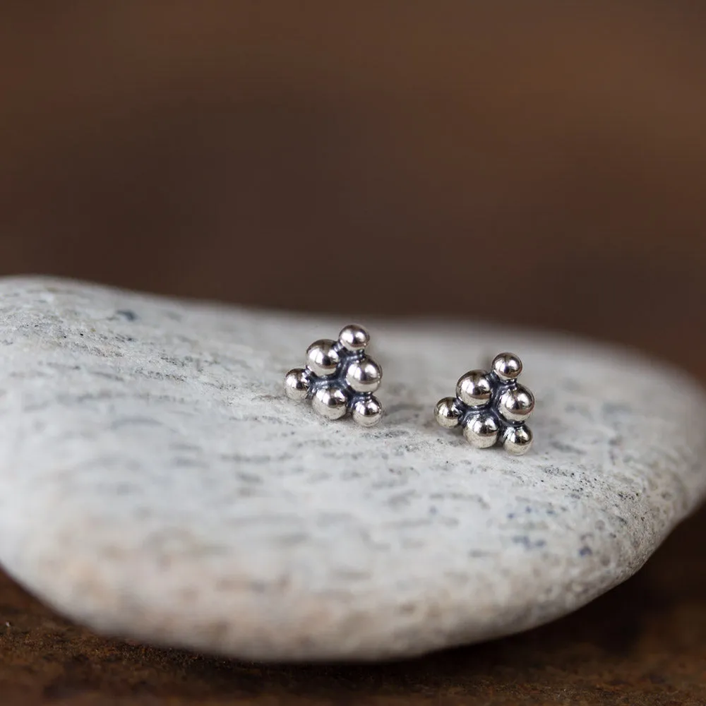 Small Triangle Stud Earrings, Sterling Silver Ball Cluster