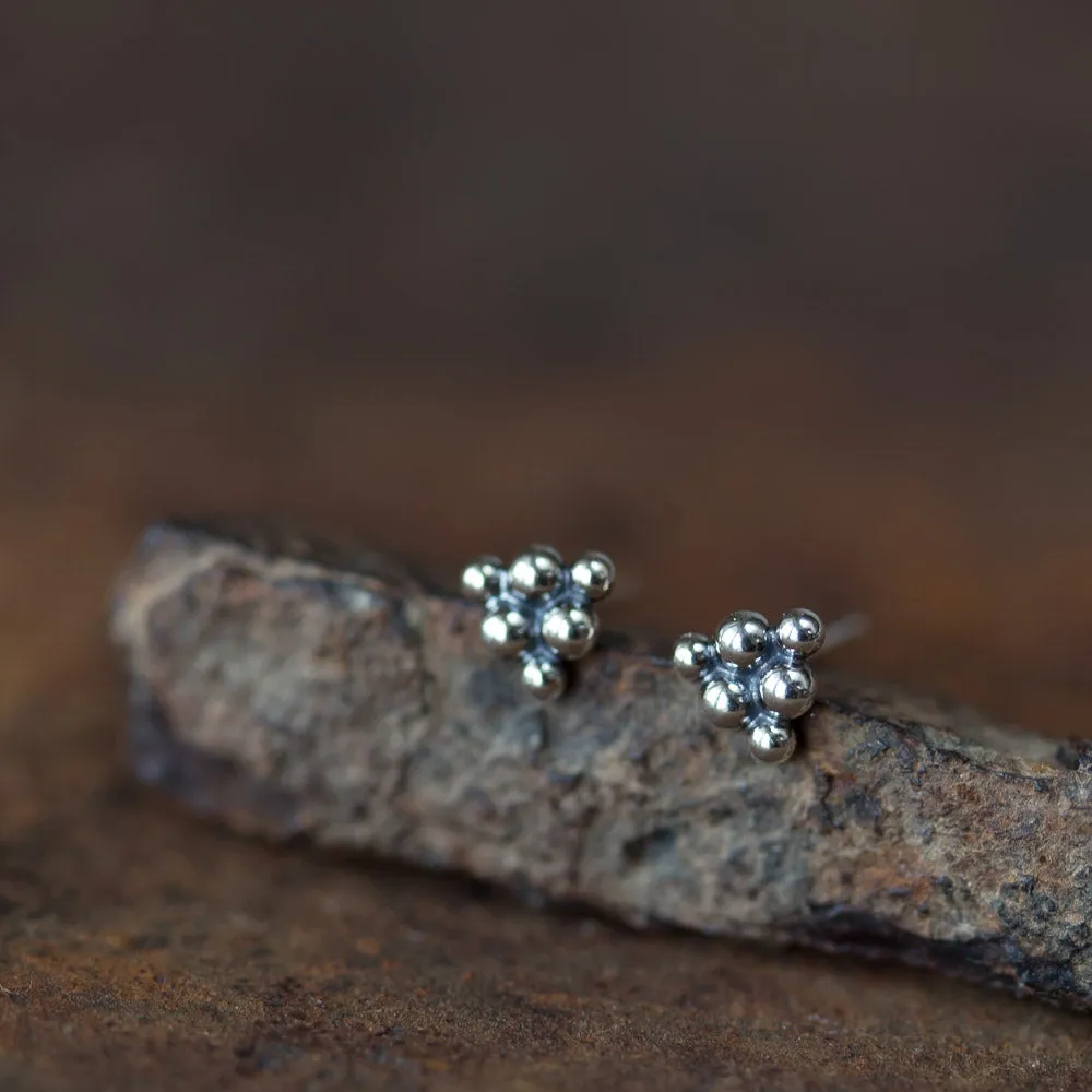 Small Triangle Stud Earrings, Sterling Silver Ball Cluster