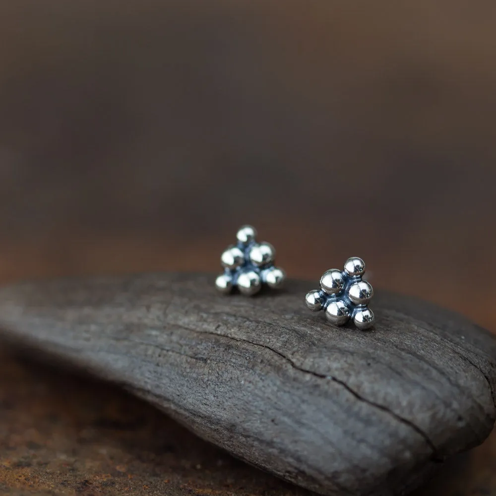 Small Triangle Stud Earrings, Sterling Silver Ball Cluster